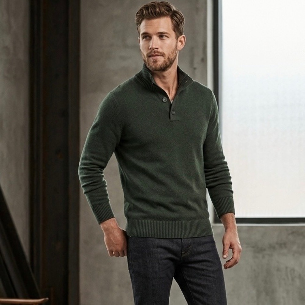 Banana Republic Mens Forest Green Cotton Wool Blend Mock Neck Button Sweater L